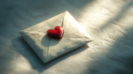 A simple love letter with a red heart-shaped seal is placed on a clean white surface and illuminated by soft light, symbolizing the atmosphere of Valentine's Day.