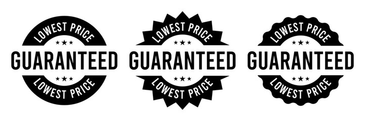 Lowest price guarantee logo, label, badge, icon, sticker, symbol, emblem, stamp, circle, black, line, flat vector, isolated illustration. Lowest price guarantee label for product packaging design.