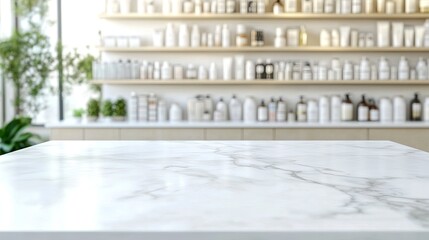 Empty white marble kitchen table with blurred pharmacy shelves in the background. 