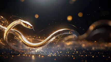 A snake with a golden body and a golden head is shown in a dark background