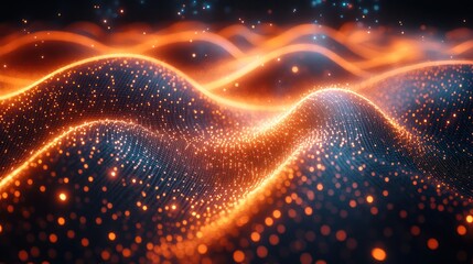 Abstract glowing orange and blue wave particles.