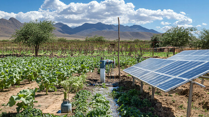 A solar-powered irrigation system in arid regions, where solar energy drives water pumps, enabling sustainable agriculture and water use in dry landscapes.