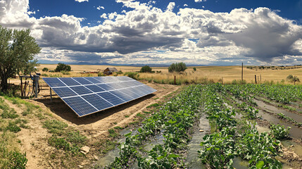 A solar-powered irrigation system in arid regions, where solar energy drives water pumps, enabling sustainable agriculture and water use in dry landscapes.