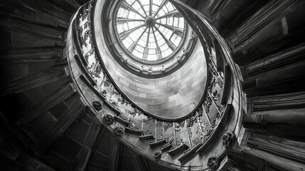 Black and white photo of a spiral staircase leading to a glass cupola.