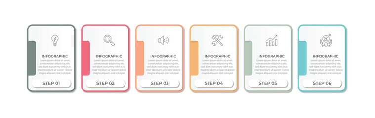 Business infographic template with 6 options, steps, process chart. Can be used for workflow layout, diagram, annual report, web design