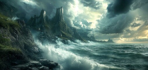 Fototapeta premium Majestic Sea Cliffs with Dramatic Waves Under a Stormy Sky