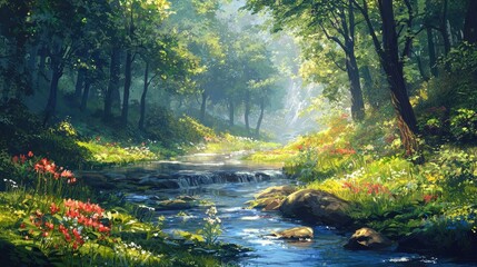 Sunlit stream flows through lush forest, wildflowers bloom along banks.