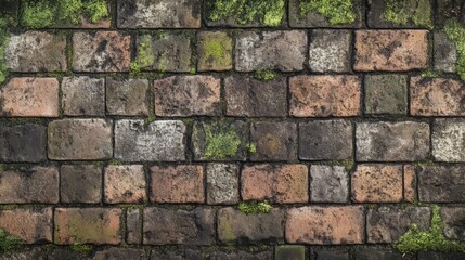 Obraz premium Vintage brick road texture: With moss and green elements, texture