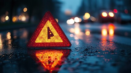 Red emergency triangle reflecting in the rain at night, symbolizing a road hazard and emergency vehicle awareness, perfect for illustrating safety precautions, road safety, and emergency response 