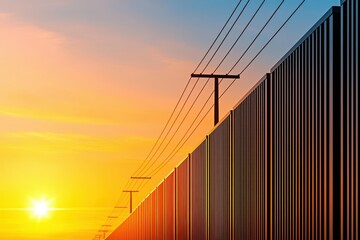 Obraz premium peak energy concept. A radiant battery farm glowing under a golden sky, connected to a grid powered by peak renewable generation