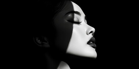 Fototapeta premium Woman's face is shown in a black and white photo