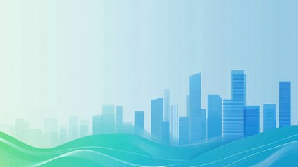 Blue and Green Gradient Background with City Skyline and Line Waves