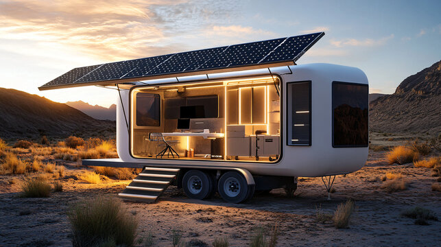 A solar-powered mobile office unit, designed for remote work, where solar panels provide energy for workstations, lighting, and air conditioning, promoting sustainable mobile workspaces.