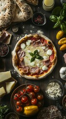 Gourmet Italian Pizza with Ham and Basil