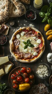 Gourmet Italian Pizza with Ham and Basil