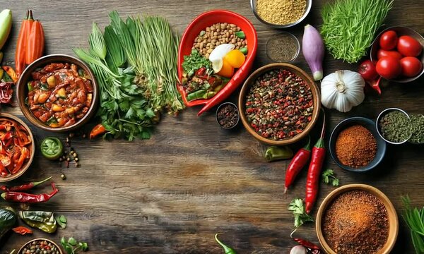 Vibrant Spices, Herbs, and Vegetables Arranged on Rustic Wood