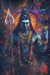 Obraz premium Shiva, the Cosmic Destroyer, Surrounded by Pixelated Glitches and Tesseract Bloom