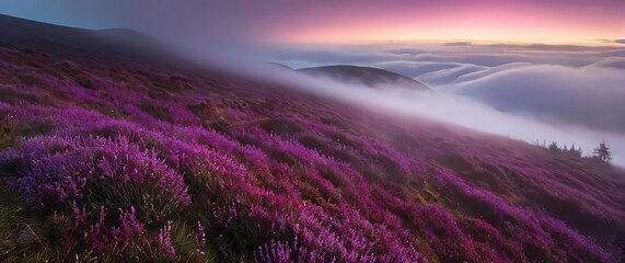 A hillside covered in blooming heather with mist rolling through the background