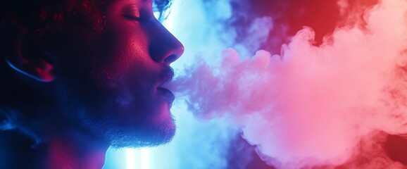 Profile of a young man exhaling vapor amidst colorful lighting.