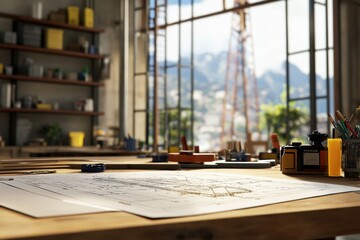 A drawing of a building is on a table in a room with a window