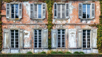 Naklejka premium Weathered building facade with ivy and wooden shutters.