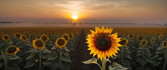 Fototapeta premium A single sunflower in a vast field framed by a dramatic sunset