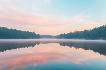 Fototapeta premium Serene lake at dawn with mist and colorful reflections.
