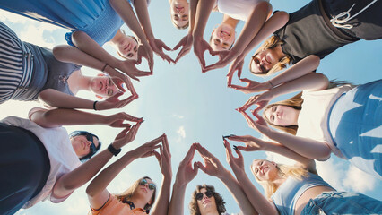 Friends of school children make hearts from their palms standing in a circle.