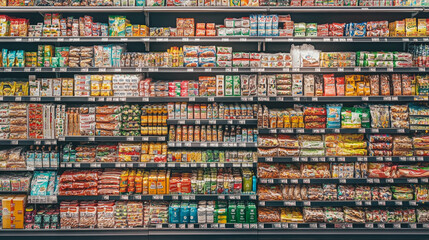 Obraz premium Wide selection of packaged goods displayed on supermarket shelves for easy shopping
