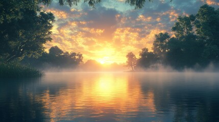 Obraz premium Serene Sunrise Over Misty Lake, a captivating scene of a peaceful dawn, soft mist floating above calm waters, framed by verdant trees and soothing nature's beauty.
