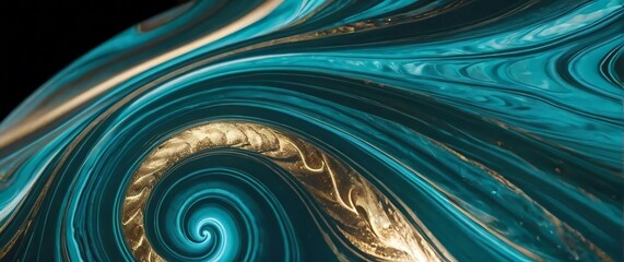 Closeup of a swirling marbled pattern with bold contrasting colors like teal gold and white