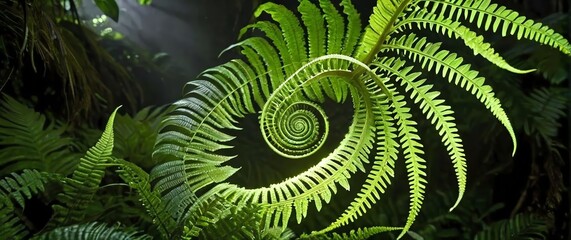 Closeup of fern fronds unfurling into spiral shapes in a rainforest setting