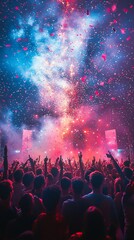Fototapeta premium A vibrant music festival and concert with an enthusiastic crowd cheering, shouting, and expressing their excitement and joy. The atmosphere is filled with energy, as fans celebrate live performances a