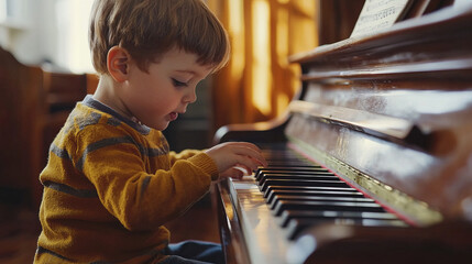 Young boy learning piano with concentration and curiosity