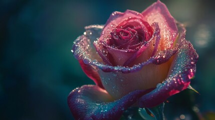 Dew-Kissed Rose Embrace, a vivid portrayal of a close-up rose with glistening dew on its soft petals, symbolizing beauty and affection, ideal for floral displays and romantic gestures.