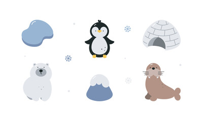 Cute arctic set. Penguin, polar bear, walrus, ice igloo, floating ice, snowy mountain. Arctic animals. Cartoon flat vector illustration. Elements for printing, poster, card.