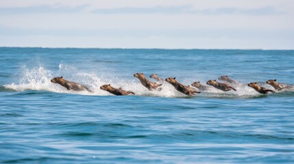 Fototapeta premium A group of seals swimming energetically in the ocean.