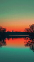 Obraz premium A serene sunset over a calm lake, reflecting vibrant colors.