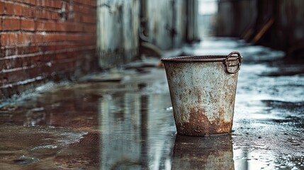 Fototapeta premium Rusty Bucket in a Puddle - Urban Scene