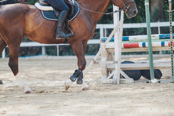 Close-up of a horse and rider participating in an equestrian event, focusing on the jumping hurdle...