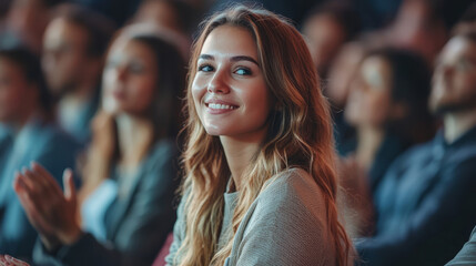 Fototapeta premium Young woman smiling while sitting in an audience at an event