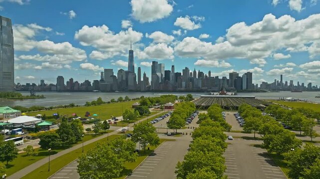 NYC aerial view. New York City skyline, cityscape of Manhattan in USA. New York City NYC Manhattan Downtown Skyline, viewed from Jersey City, New Jersey, USA.
