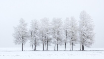 Obraz premium A serene winter landscape with snow-covered trees in a foggy setting.