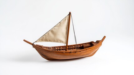 Sailing action with a model wooden boat studio setting decorative item neutral background close-up perspective