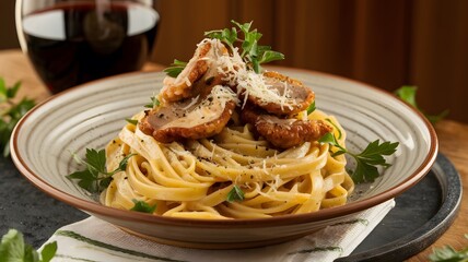 Fototapeta premium A photo of a beautifully plated dish of linguine pasta tossed in a light olive oil and garlic sauce.