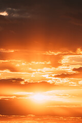 Obraz premium Natural Bright Dramatic Sky In Sunset Dawn Sunrise. Amazing Bold Golden Sunset Sunrise Sky Background. Warm Yellow And Orange Colors