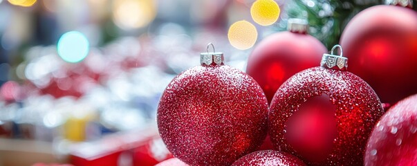 Obraz premium A close-up of sparkling red Christmas ornaments, with a festive background, capturing the joy and warmth of the holiday season.