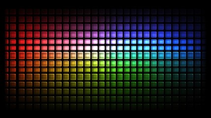 Abstract rainbow grid of glowing squares on black background.