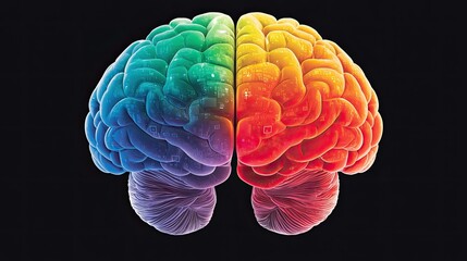 Obraz premium Evolution technology biotechnology concept. Colorful representation of a brain split into two halves, showcasing vibrant hues and intricate details.