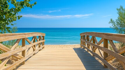 Obraz premium Wooden Boardwalk Leading to Picturesque Tranquil Sandy Beach on a Beautiful Sunny Summer Day